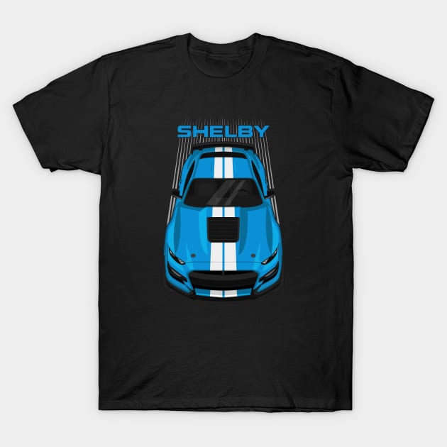 Ford Mustang Shelby GT500 2020-2021 - Velocity Blue - White Stripes T-Shirt by V8social